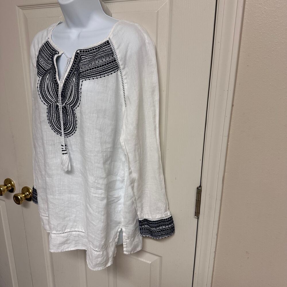 100%  White Linen Embroidered Boho Blouse Tassel Tie Peasant Top Lightweight - Picture 7 of 10